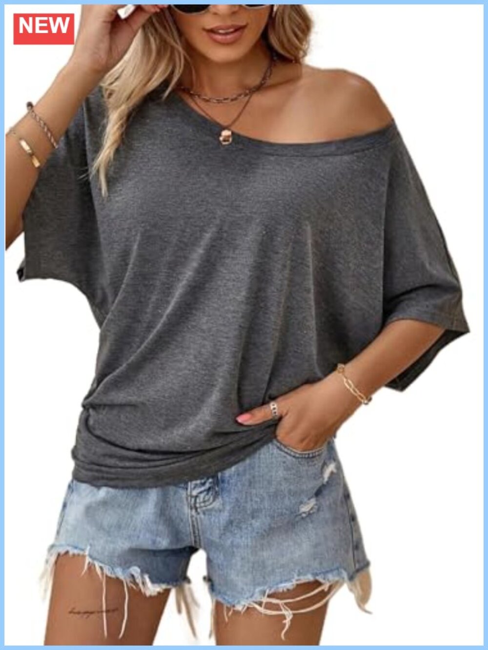 Off Shoulder Dolman Sleeve T-Shirt Women Oversized Casual Boat Neck Blouse